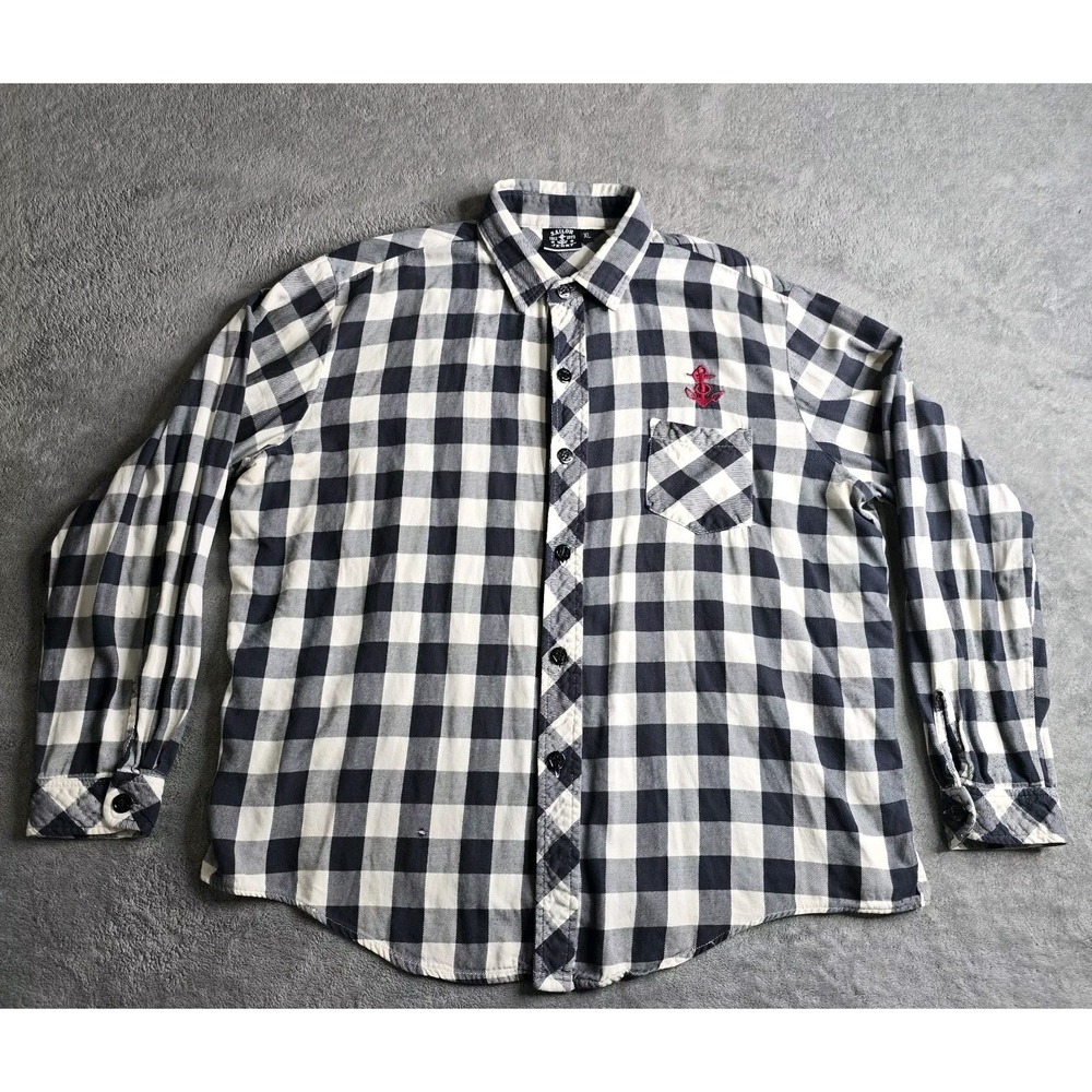 Sailor Jerry Long Sleeve Navy Plaid Shirt Snake Eagle Anchor Mens XL Button Up
